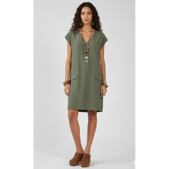 Bar III Cap Sleeve Pullover V Neckline Shift Mini Dress Olive Green Women's XS - Picture 1 of 12